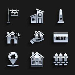 Set Realtor, Home symbol, Garden fence wooden, Hanging sign with text Online Rent, Map pointer house, House shield, Washington monument and Sale icon. Vector