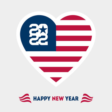 New Year greeting card with the US flag in the shape of a heart. 2022 - Happy new year.