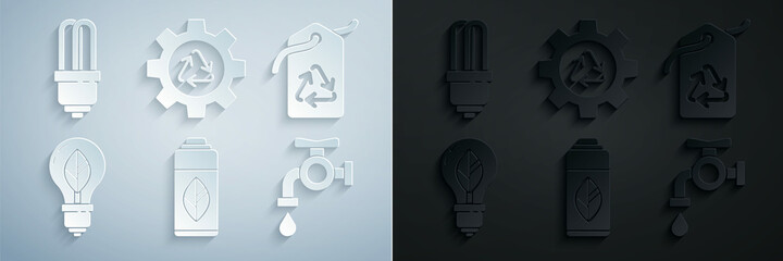 Obraz premium Set Recycling plastic bottle, Tag with recycle symbol, Light bulb leaf, Water tap, Recycle and gear and LED light icon. Vector