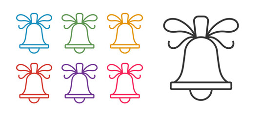 Set line Merry Christmas ringing bell icon isolated on white background. Alarm symbol, service bell, handbell sign, notification. Set icons colorful. Vector