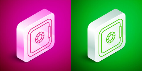 Isometric line Safe icon isolated on pink and green background. The door safe a bank vault with a combination lock. Reliable Data Protection. Silver square button. Vector