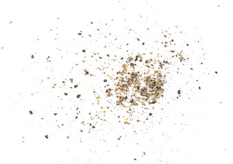 Fototapeta na wymiar Black ground pepper powder, crushed pile isolated on white background, top view