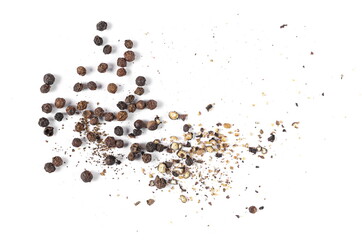 Black ground pepper powder, crushed pile with grains, isolated on white background, top view