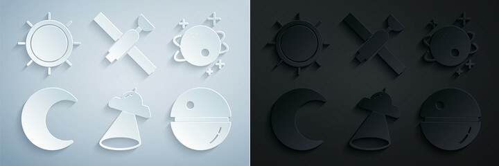 Set UFO flying spaceship, Planet, Moon and stars, Death, Satellite and Sun icon. Vector