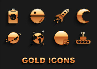 Set Earth globe, Moon and stars, Mars rover, Planet, Rocket ship with fire, and Death icon. Vector