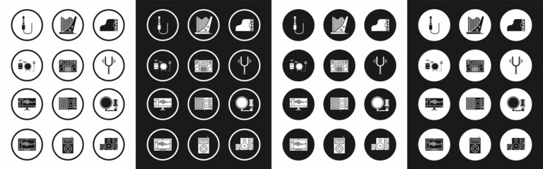 Set Grand piano, DJ remote for playing mixing music, Drums, Audio jack, Musical tuning fork, Harp, Microphone and Sound audio recorder monitor icon. Vector