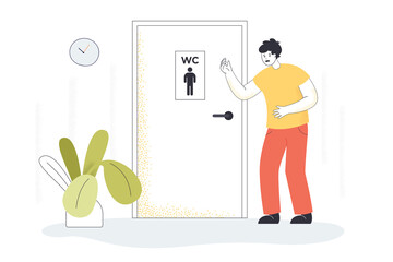 Young man having stomachache and diarrhea waiting at toilet door. Male character needing to get to bathroom for peeing flat vector illustration. Medical and healthcare concept