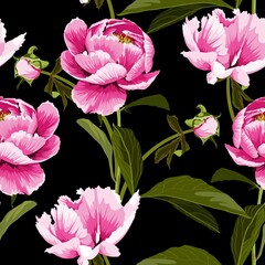 Seamless floral pattern, pink peony flowers on a black background. Design for wallpaper, fabric, wrapping paper, cover and more. 