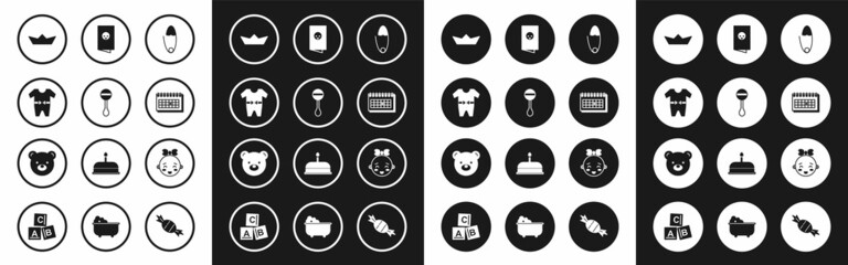 Set Classic steel safety pin, Rattle baby toy, Baby clothes, Folded paper boat, Calendar, shower invitations card, poster, Happy little girl head and Teddy bear plush icon. Vector