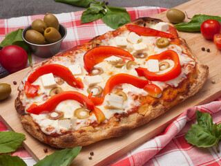 greek vegetarian pizza with pepper cheese and olives