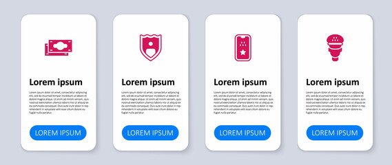 Set Taxi driver, mobile app, Life insurance with shield and Stacks paper money cash. Business infographic template. Vector