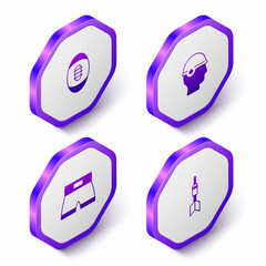 Set Isometric American Football ball, Baseball helmet, Boxing short and Dart arrow icon. Purple hexagon button. Vector