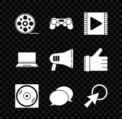 Set Film reel, Gamepad, Play Video, Vinyl disk, Speech bubble chat, Arrow cursor, Laptop and Megaphone icon. Vector