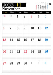 2022年　シンプル縦型カレンダー　11月