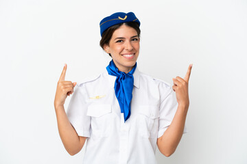Airplane stewardess caucasian woman isolated on white background pointing up a great idea