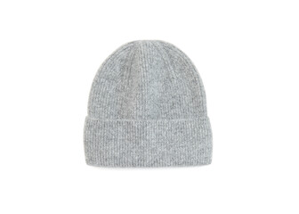 Gray knitted winter hat isolated on white background. Warm Woolen hat. Close shot of cold weather winter handmade knitting clothes.