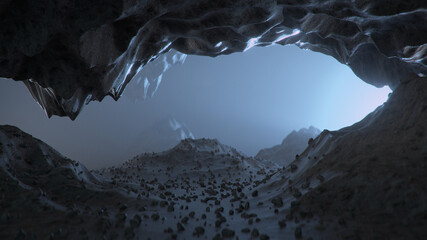 Mysterious cave with fog 3D rendering illustration - 469061933