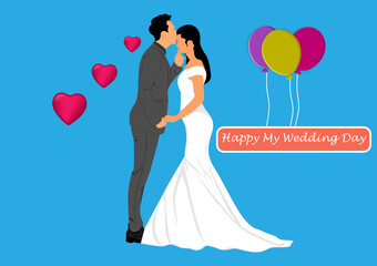 graphics image Bride And Groom Couple Wedding Dress vector illustration with heart and balloon