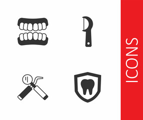 Set Dental protection, Dentures model, mirror and probe and floss icon. Vector