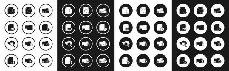 Fototapeta premium Set Cloud storage text document folder, Document, PSD file, with download, Unknown, Next page arrow, and Search cloud computing icon. Vector