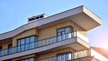 Fototapeta Modern apartment building in sunny day. Exterior, residential house facade. obraz