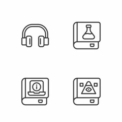 Set line Ancient magic book, User manual, Headphones and Chemistry icon. Vector
