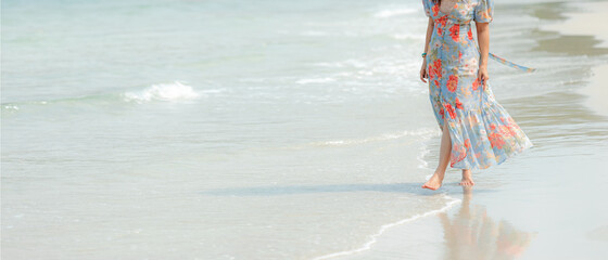 Close up legs. Summer Vacation. Lifestyle woman walking relax and happy on beach tropical outdoor...