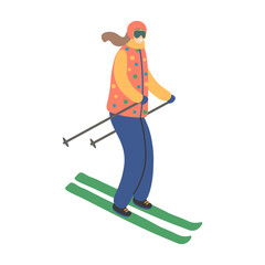 Woman skiing. Winter sport activity. Flat vector illustration isolated on white background