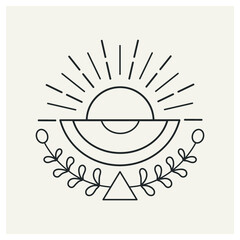 Sunrise or sunset. Сelestial emblem. Line drawing. Vector illustration