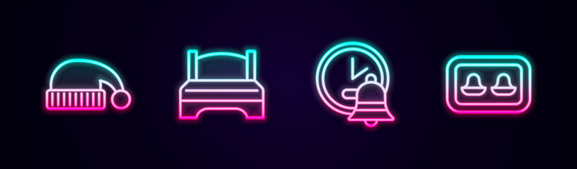 Set line Sleeping hat, Big bed, Alarm clock and Earplugs with storage box. Glowing neon icon. Vector