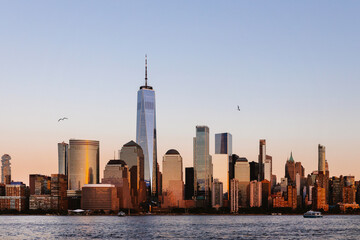 Fototapeta premium Sunset view on World Trade Center. Seagulls in the sky.