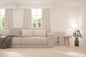 White living room with sofa and summer landscape in window. Scandinavian interior design. 3D illustration