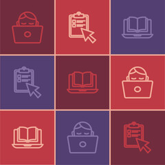 Set line Student working at laptop, Online class and quiz, test, survey icon. Vector