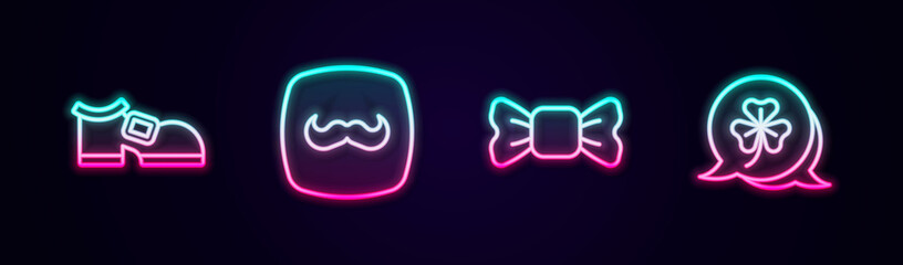 Set line Leprechaun boot, Mustache, Bow tie and Clover trefoil leaf. Glowing neon icon. Vector