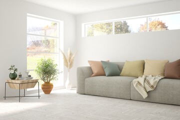 Stylish room in white color with sofa and autumn landscape in window. Scandinavian interior design. 3D illustration