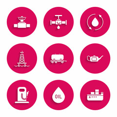 Set Oil railway cistern, drop, tanker ship, Canister for motor oil, Petrol gas station, rig with fire, and Industry pipe and valve icon. Vector