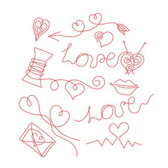 Valentine's Day. Drawings Heart icons, lettering, single line threads. Vector line art illustration. Isolated background.