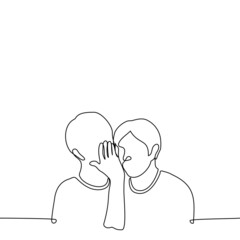 two are secret, man whispers in the ear of friend - one line drawing vector. concept of confidential conversation, spreading gossip, male secret