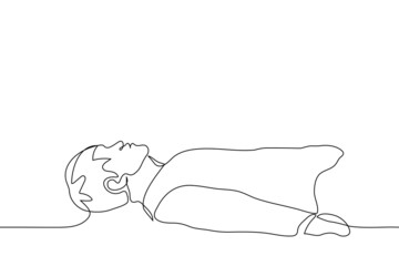 man lies on his back on the floor - one line drawing vector. the concept of fatigue, falling asleep, loss of strength, physical impotence, lack of energy