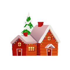 Naklejka premium Christmas wooden house with fir tree on white background vector.