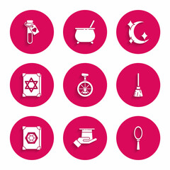 Set Unicycle or one wheel bicycle, Magician hat in hand, mirror, Witches broom, Ancient magic book, Moon stars and Bottle with love potion icon. Vector