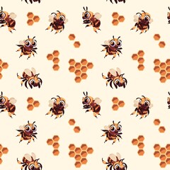 Bee seamless pattern. Print with cute cartoon flying honey bees, bug funny character and honeycomb. Wasp and bumblebee texture. Decor textile, wrapping paper and wallpaper, vector illustration