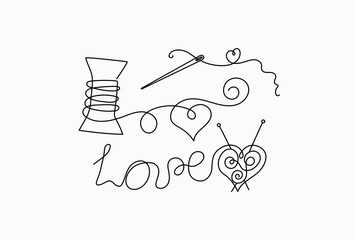 Valentine's Day. Drawings Heart icons, lettering, single line threads. Vector line art illustration. Isolated background.