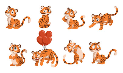 Cartoon tiger. Little funny character for New 2022 Year. Adorable happy animal posing with smile. Cute creature expressions. Kitty mascot flying on balloons. Vector wild kittens set