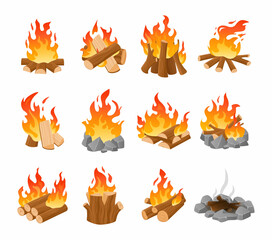 Cartoon campfire. Outdoor firewood. Forest fireplace with burning logs. Fire lighting. Night camp flaming and extinct bonfire. Fuel wood ignition. Vector isolated blazing lumbers set