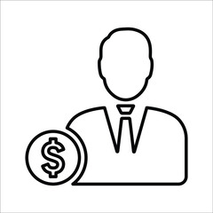 Banking, business man, currency outline icon. Line art vector.