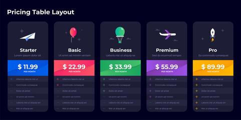 Price comparison. Spreadsheet compare chart layout. Subscription plan with features checklist. Product compare table. Service tariffs black infographic. Vector business pricing grid