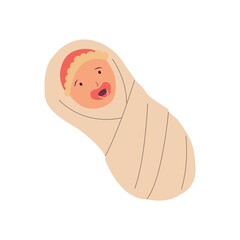Cartoon nursing baby with pacifier. Cute swaddled newborn toddler. Isolated little child with dummy and diaper. Infant lying on back. Kid growing step. Vector human development concept