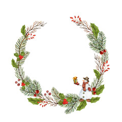	
Festive wreath of green spruce branches, red berries, barberry, with a cute smowman and twigs without needles.Symbol of Christmas and New Year for design	