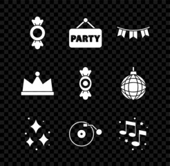 Set Candy, Signboard party, Carnival garland with flags, Firework, Vinyl player disk, Music note, tone, Crown and icon. Vector